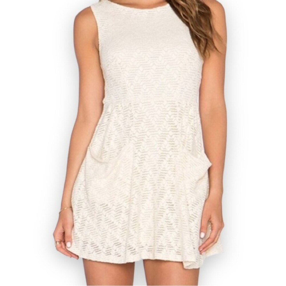 FREE PEOPLE Poppy Open Back Cream Lace Mini Dress with Pockets Size L